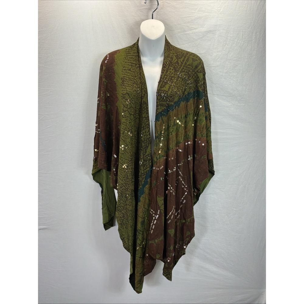 NEW CHICO'S long shawl Wrap beaded sequins brown green Artsy OS FALL